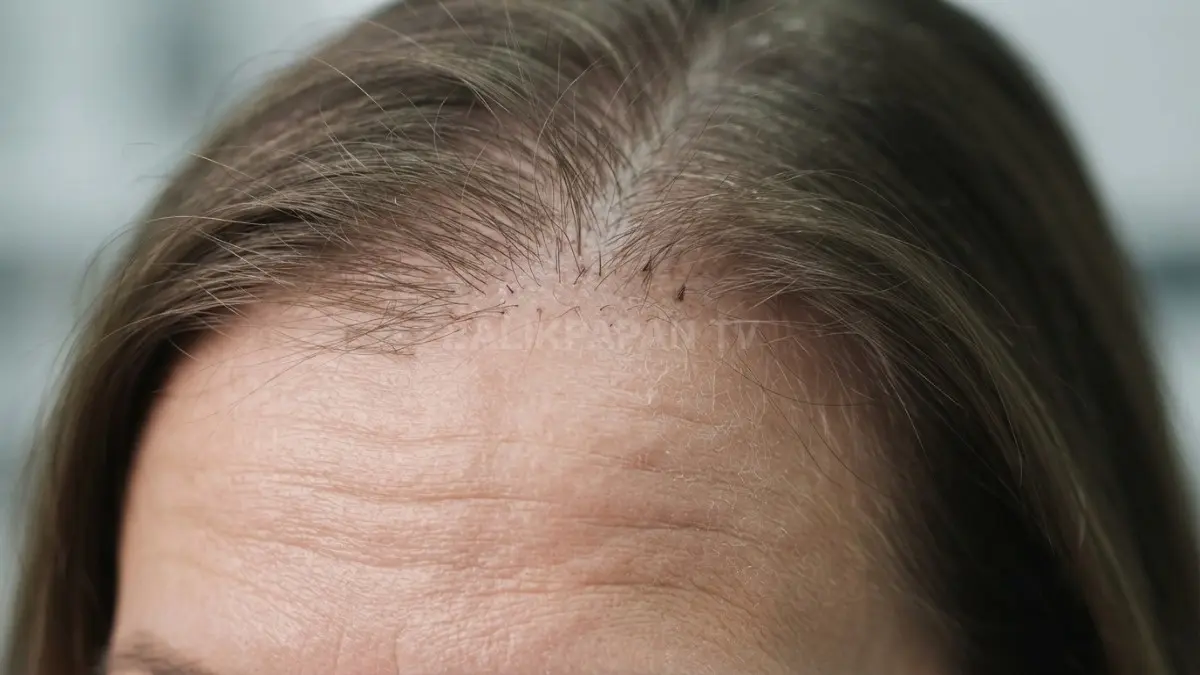 Pemeriksaan detail memperlihatkan kondisi kulit kepala yang mengalami penuaan serta penurunan elastisitas akar rambut. (BTV/Ai)