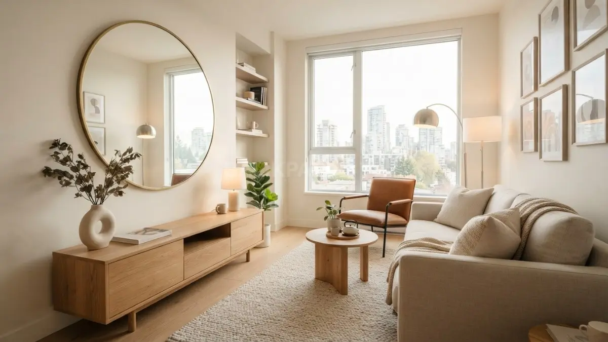 Penataan ruangan kecil dengan furnitur minimalis, warna terang, pencahayaan optimal, dan penyimpanan fungsional menciptakan kesan lapang.(BTV/AI)