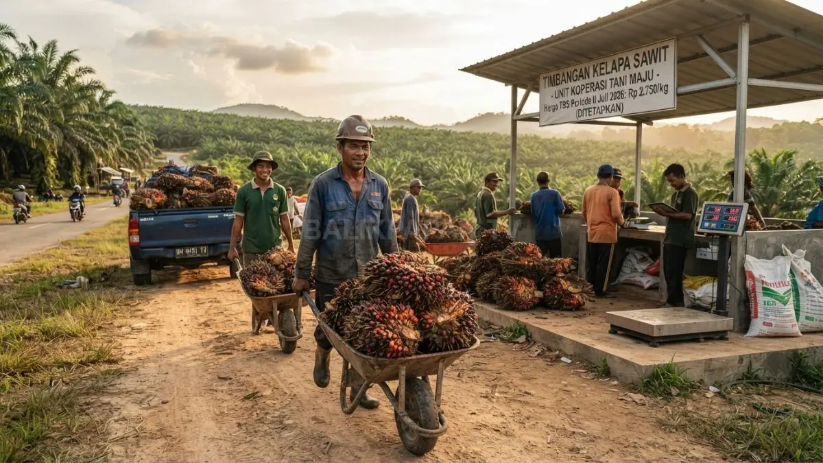 Petani sawit mengangkut hasil panen menuju tempat penimbangan setelah pemerintah menetapkan kenaikan harga TBS periode II Juli 2026. (BTV/AI)