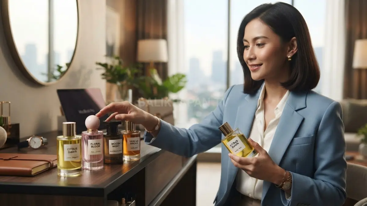Pilih wangian aktivitas, sesuaikan aroma citrus, floral, woody, atau gourmand agar nyaman sepanjang hari (BTV/AI). 