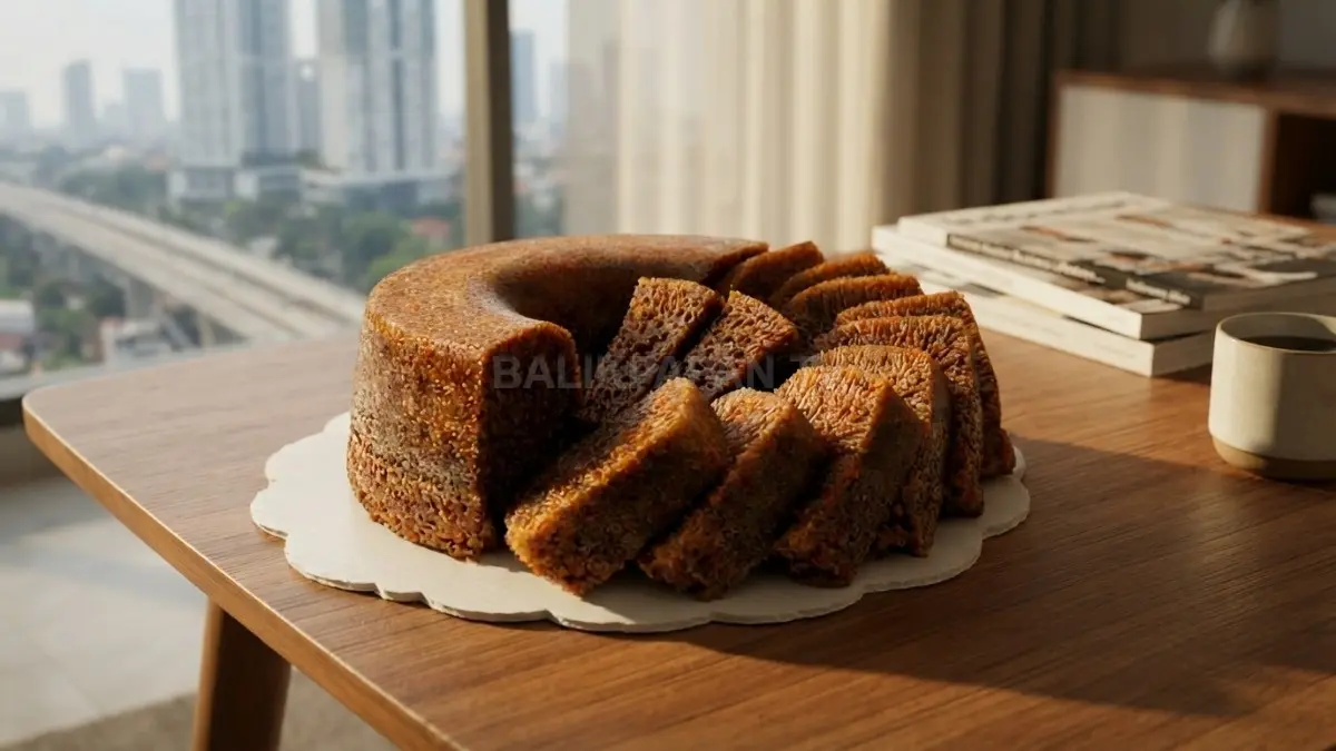 Potongan Kue Sarang Semut bertekstur lembap disajikan bersama teh hangat sebagai hidangan khas keluarga Kalimantan Timur (BTV/AI)