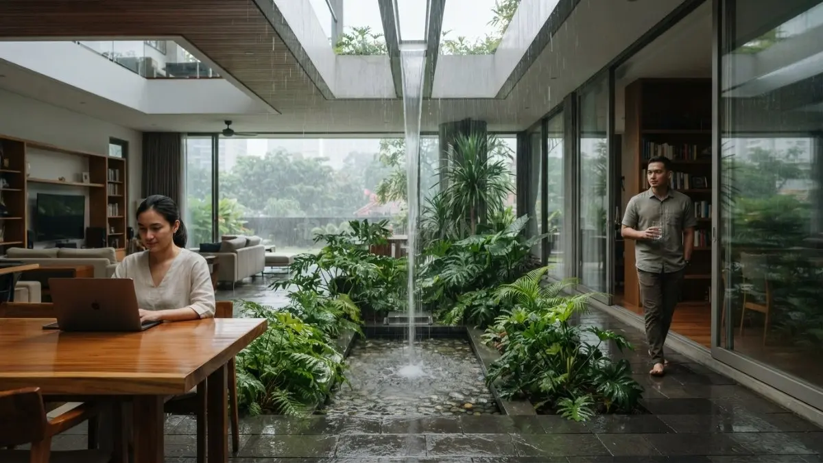 Rain Court mengarahkan air hujan ke ruang khusus melalui saluran tersembunyi tanpa mengganggu aktivitas penghuni sehari-hari (BTV/AI)