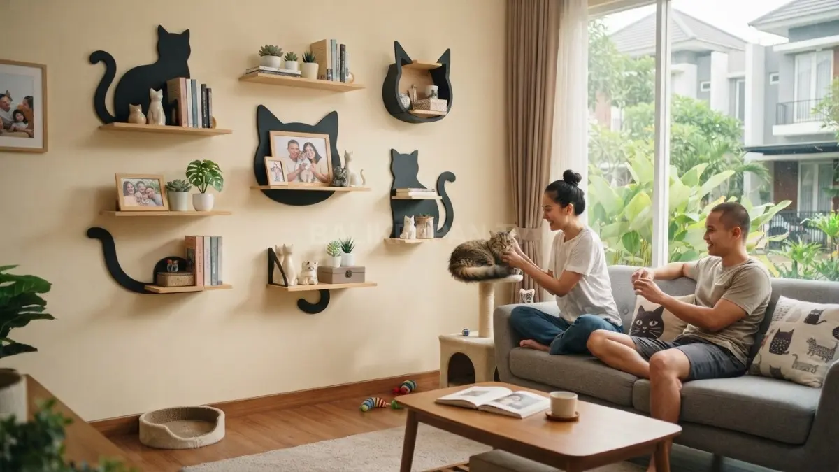 Rak dinding berbentuk kucing mempercantik ruang keluarga sekaligus menyimpan buku, tanaman, dan dekorasi menarik elegan. (BTV/AI)
