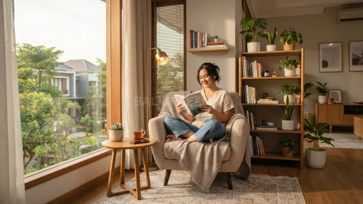 Reading corner dekat jendela menghadirkan sudut santai nyaman dengan pencahayaan alami, furnitur minimalis, serta tanaman indoor. (BTV/AI)
