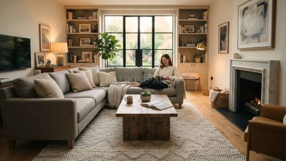 Ruang keluarga dengan sofa warna netral, material kayu, karpet bertekstur, dan pencahayaan hangat yang menciptakan suasana nyaman. (BTV/AI)