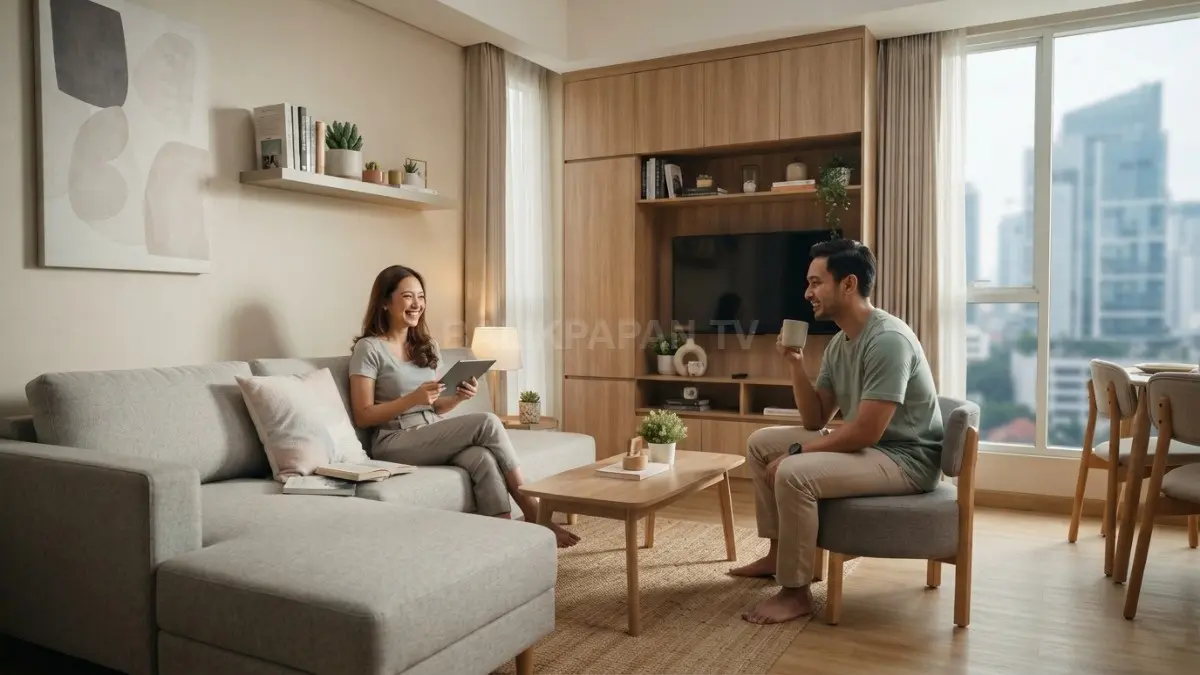 Ruang keluarga kecil terasa luas berkat penempatan sofa, meja, dan rak yang proporsional serta efisien maksimal (BTV/AI)