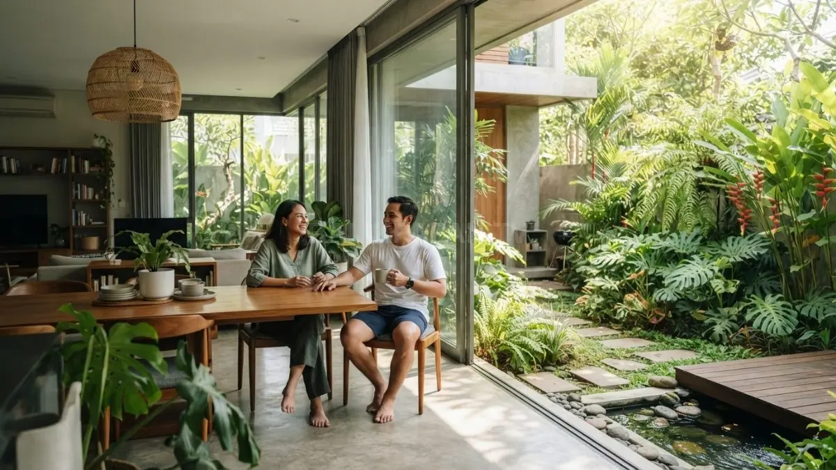 Ruang makan modern dengan bukaan luas, membawa cahaya alami dan nuansa hijau ke dalam rumah. (BTV/AI)