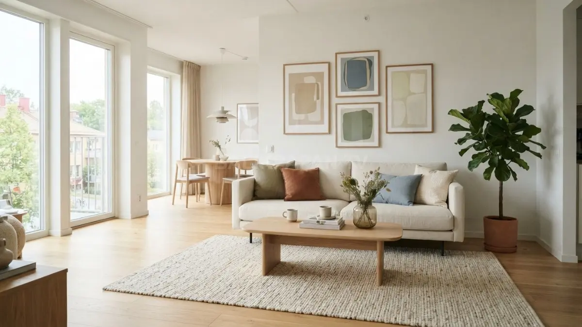 Ruangan minimalis dengan palet warna menyatu, aksen dekorasi sederhana, dan pencahayaan alami menciptakan suasana luas, rapi, estetis. (BTV/AI)
