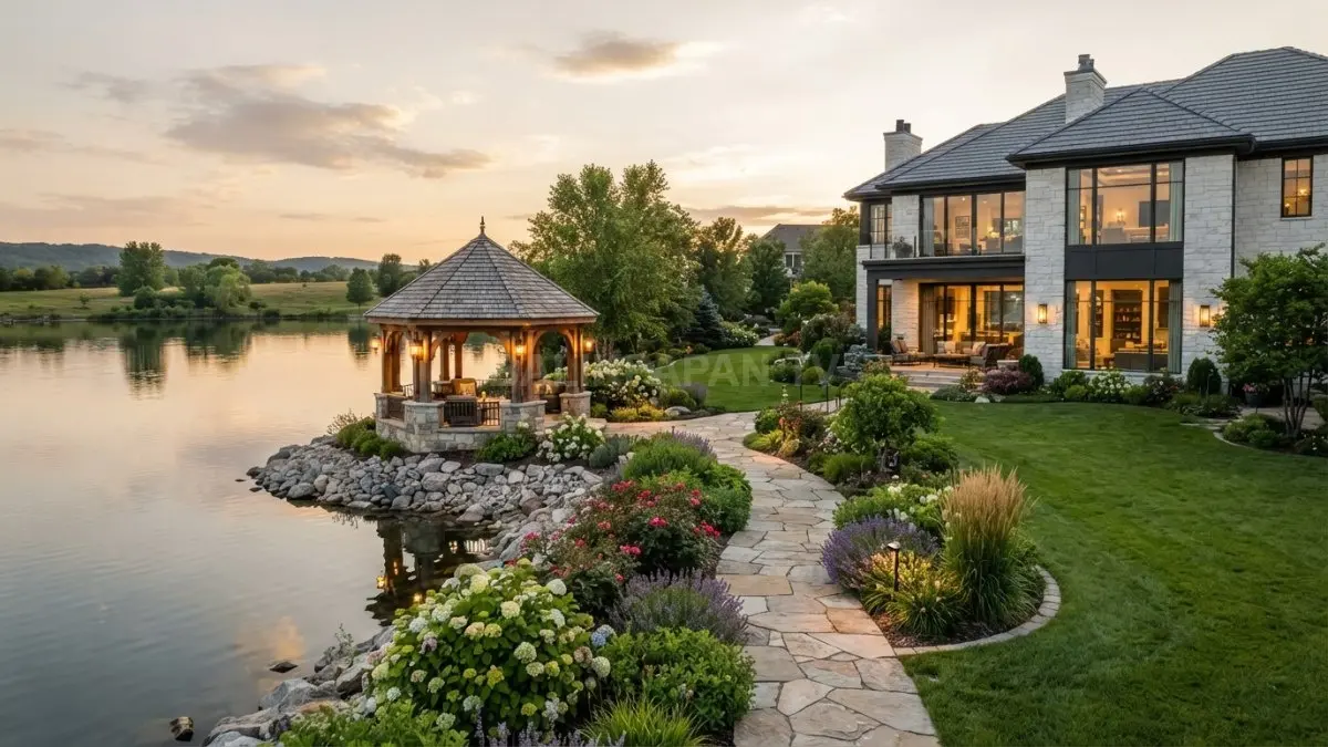Rumah klasik modern dengan gazebo dan taman bunga membutuhkan perencanaan anggaran sesuai fasilitas pendukung. (BTV/AI)