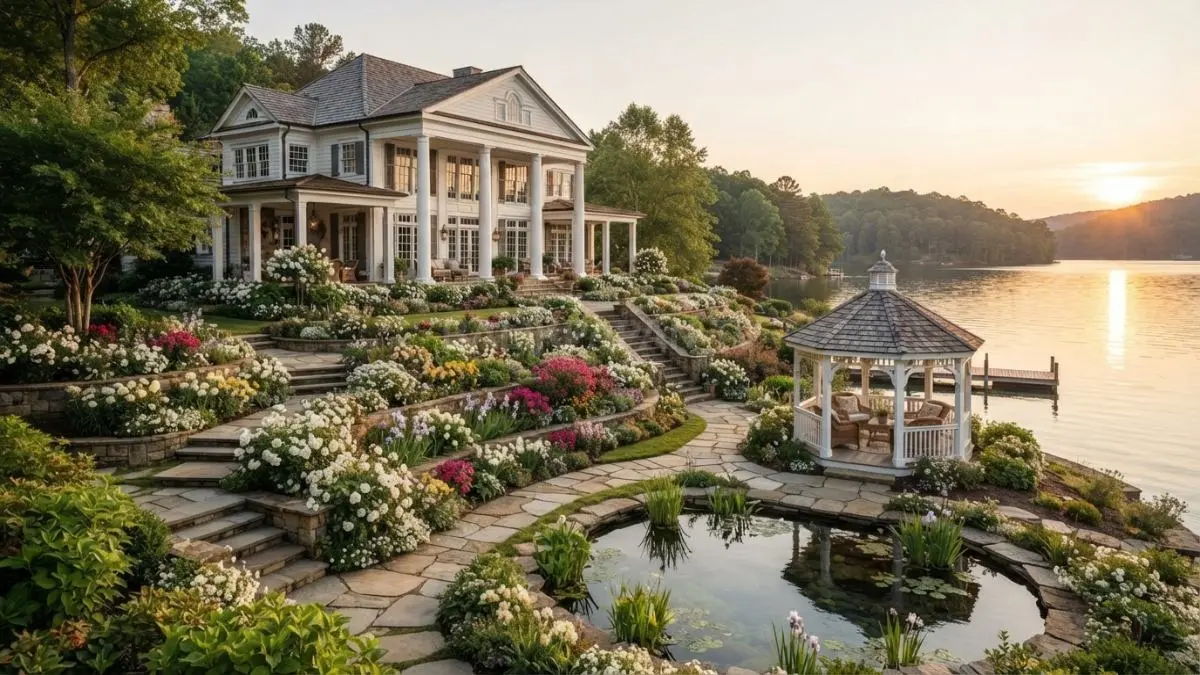 Rumah kolonial klasik berpadu taman bunga bertingkat dan gazebo tepi danau menciptakan suasana elegan alami. (BTV/AI)
