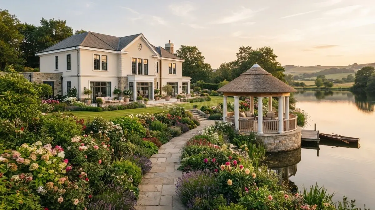 Rumah minimalis klasik dengan gazebo danau menghadirkan suasana elegan berpadu taman bunga yang memukau. (BTV/AI)