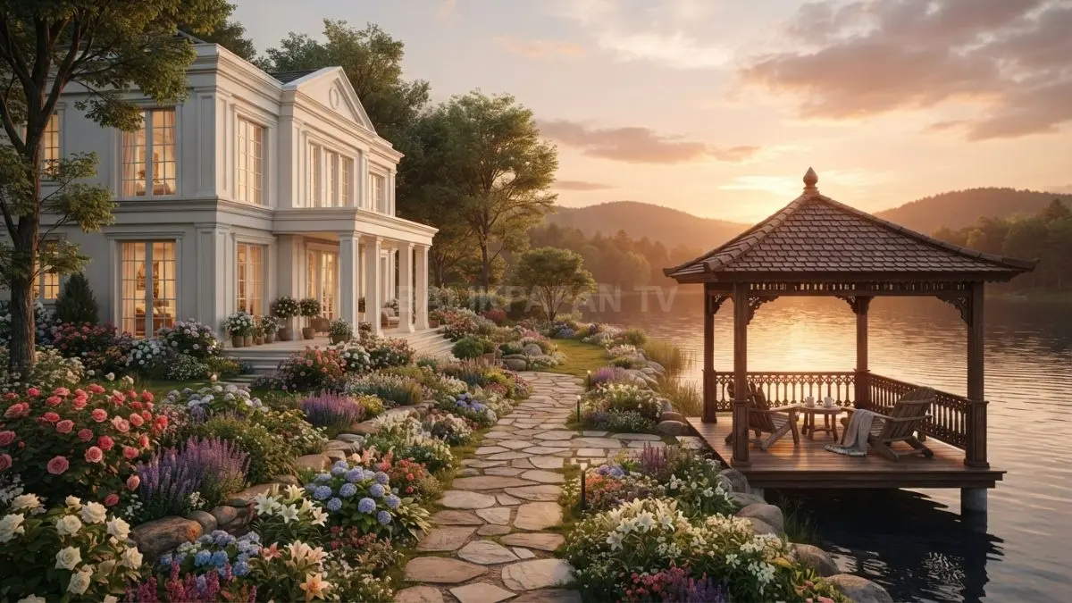 Rumah minimalis klasik Eropa dengan gazebo kayu menghadirkan taman bunga indah menghadap danau alami nan menawan. (BTV/AI)
