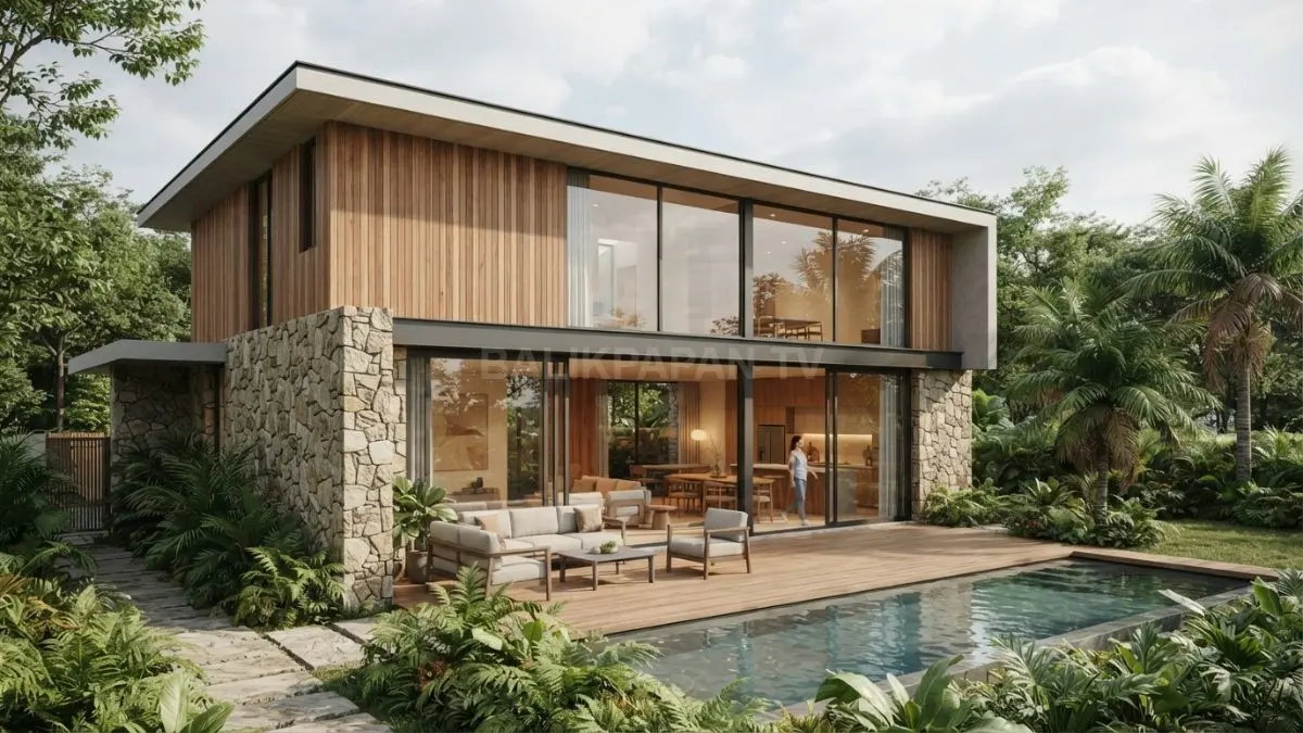 Rumah minimalis modern dengan fasad sederhana, material kayu-batu, dan bukaan lebar memaksimalkan cahaya alami serta kenyamanan hunian. (BTV/AI)