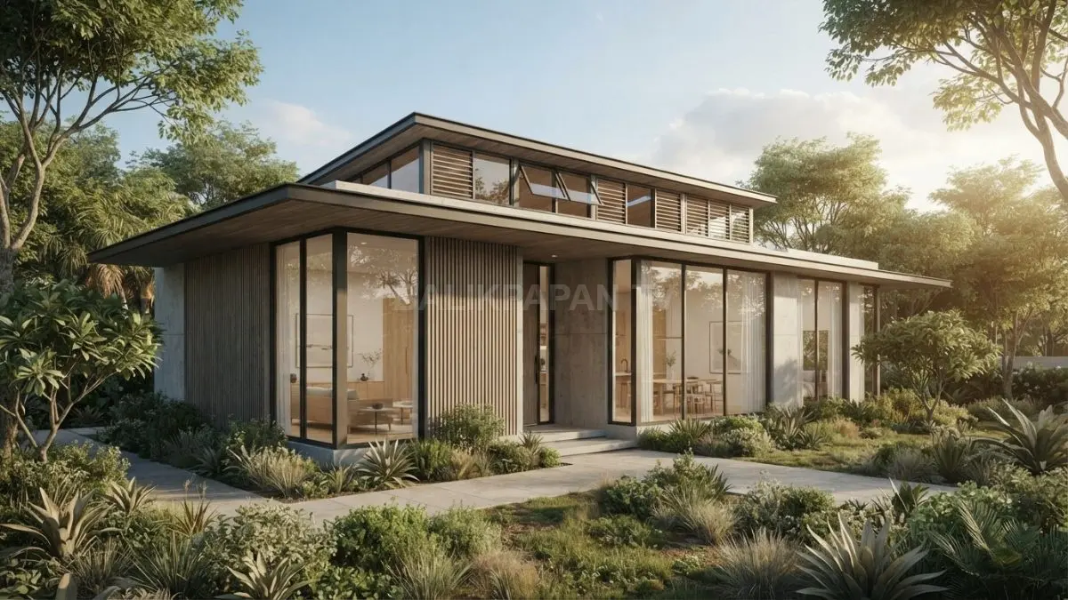 Rumah minimalis modern mengoptimalkan bukaan, ventilasi silang, dan cahaya alami untuk menciptakan hunian nyaman serta hemat energi. (BTV/AI)