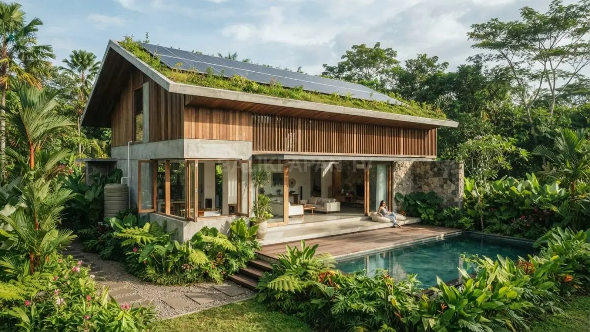 Rumah modern tropis dengan panel surya, ventilasi alami, taman hijau, dan material ramah lingkungan untuk hunian berkelanjutan. (BTV/AI)