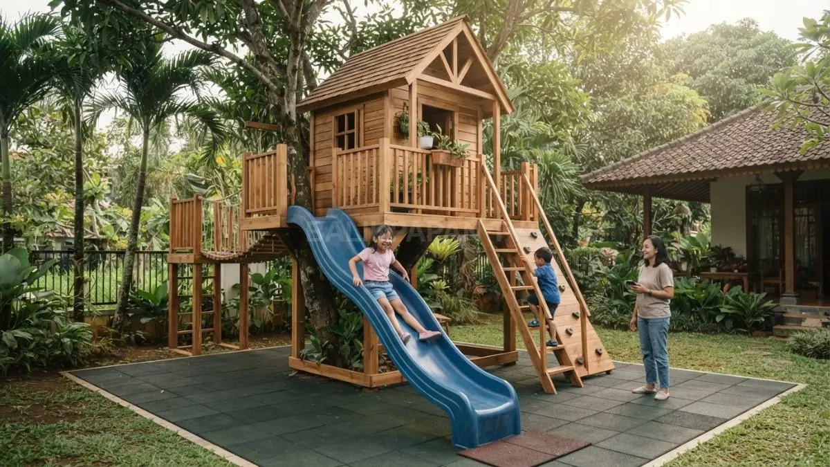 Rumah pohon anak dilengkapi area bermain, perosotan, dan perlengkapan aman untuk aktivitas luar ruangan menyenangkan. (BTV/AI)