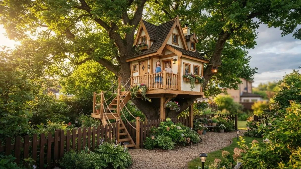Rumah pohon cottage dongeng menghadirkan suasana bermain anak dengan desain estetik, balkon mungil, dan taman menarik. (BTV/AI)
