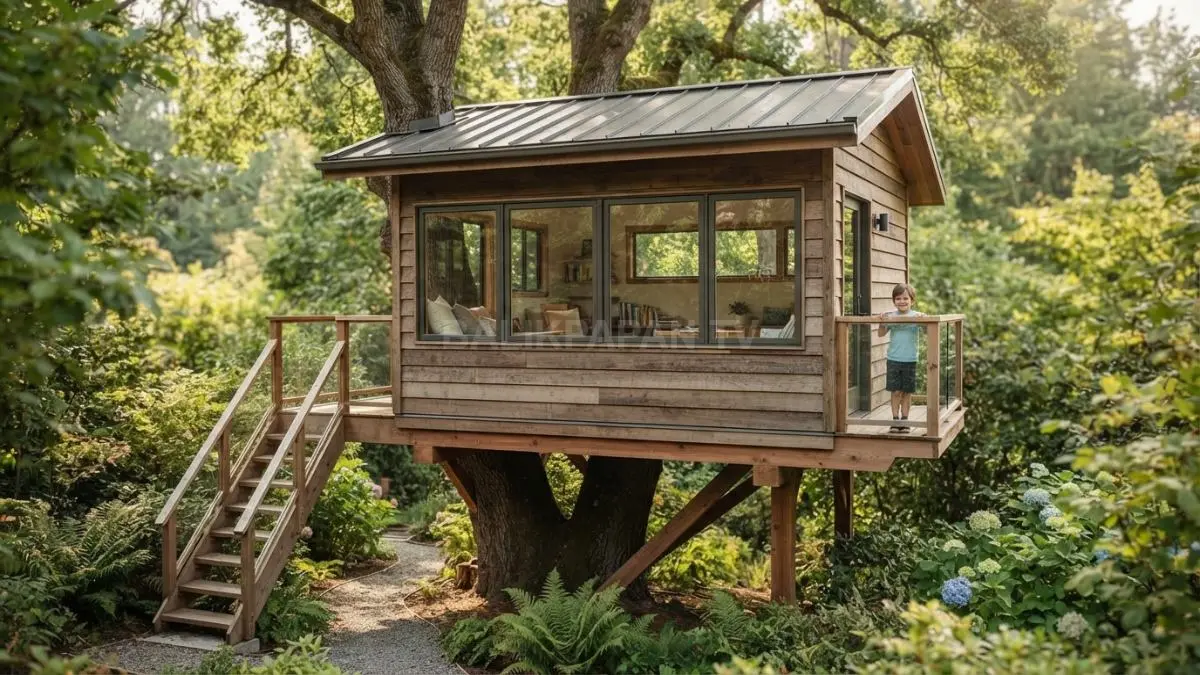 Rumah pohon minimalis berbahan kayu natural menghadirkan ruang bermain anak nyaman, aman, dan estetik. (BTV/AI)
