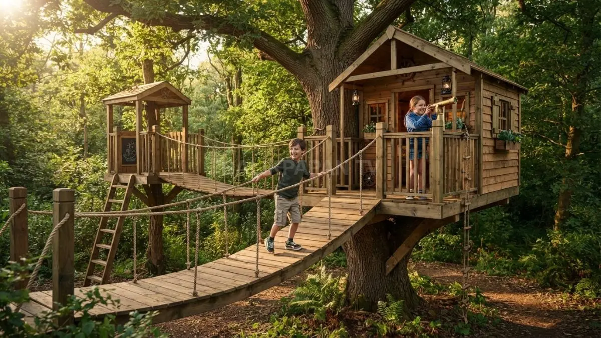 Rumah pohon petualangan menghadirkan jembatan kayu aman untuk bermain kreatif dan eksplorasi anak. (BTV/AI)