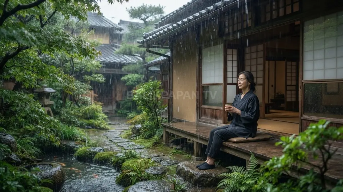 Rumah tradisional Jepang memanfaatkan hujan untuk menghadirkan ketenangan, menyatu dengan taman dan filosofi alami (BTV/AI)