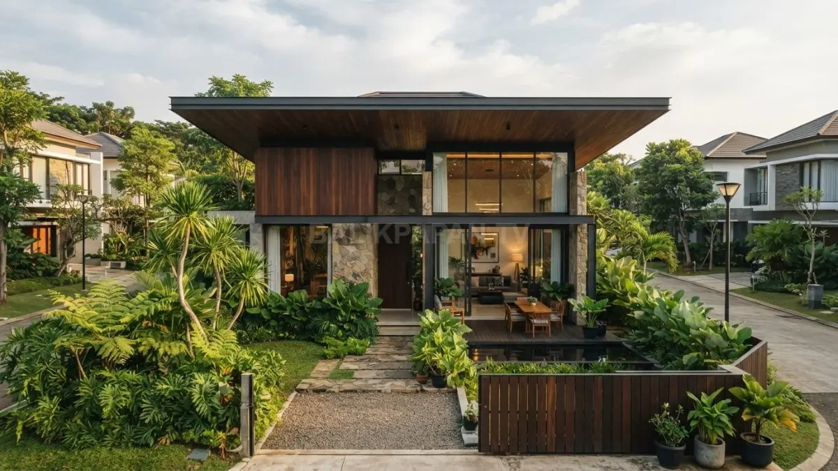 Rumah tropis modern dengan atap lebar, bukaan besar, dan penggunaan material alami pada kawasan permukiman Indonesia. (BTV/AI)