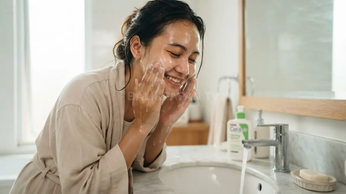 Seorang perempuan membersihkan wajah dengan lembut sebagai langkah sederhana menjaga kulit tetap sehat dan terawat. (BTV/AI)