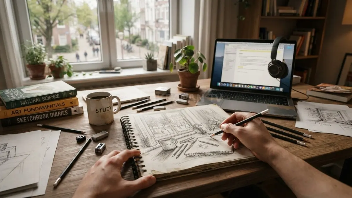 Sketsa suasana meja belajar dan jendela merekam momen sehari-hari sebagai catatan visual personal. (BTV/AI)