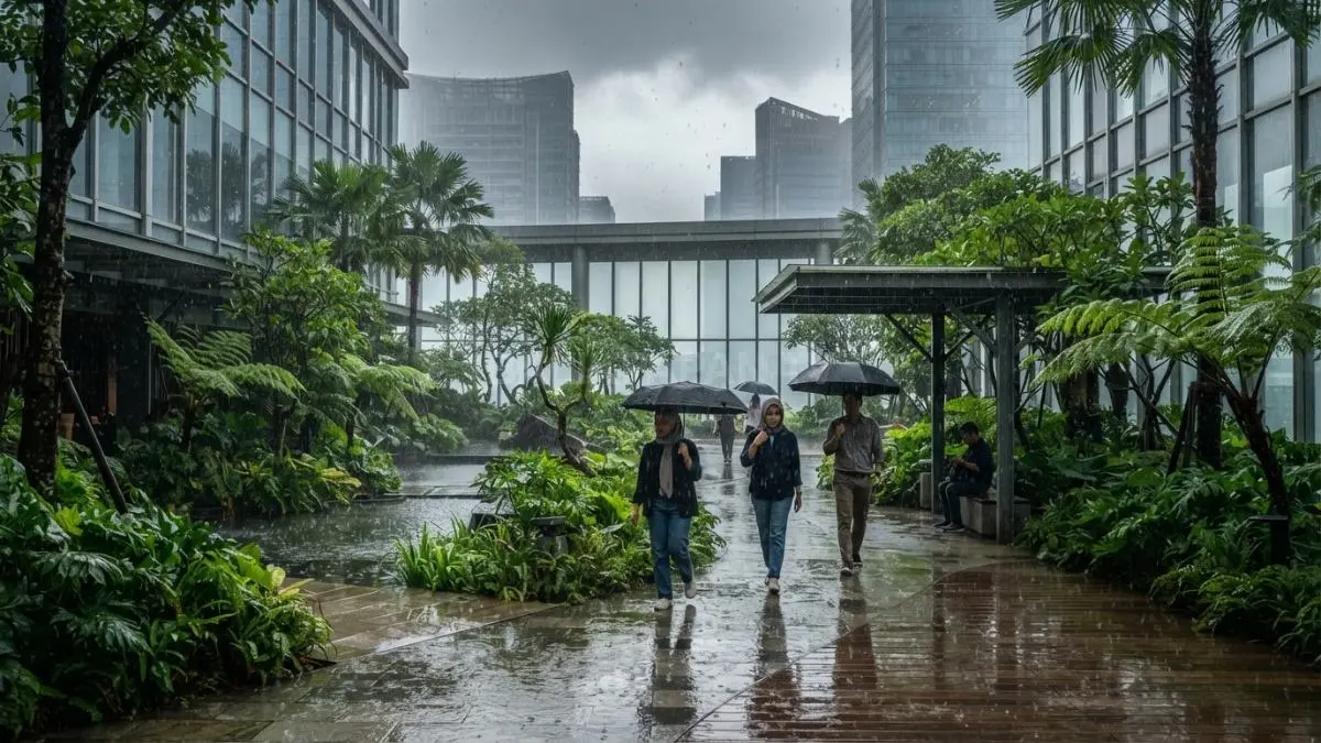 Sky Court menghadirkan taman terbuka di tengah bangunan bertingkat dengan hujan sebagai elemen visual alami (BTV/AI)