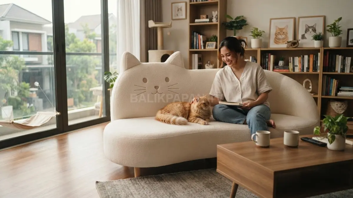 Sofa berbentuk kucing menghadirkan ruang keluarga hangat, unik, nyaman, sekaligus menjadi pusat perhatian dekorasi rumah. (BTV/AI)
