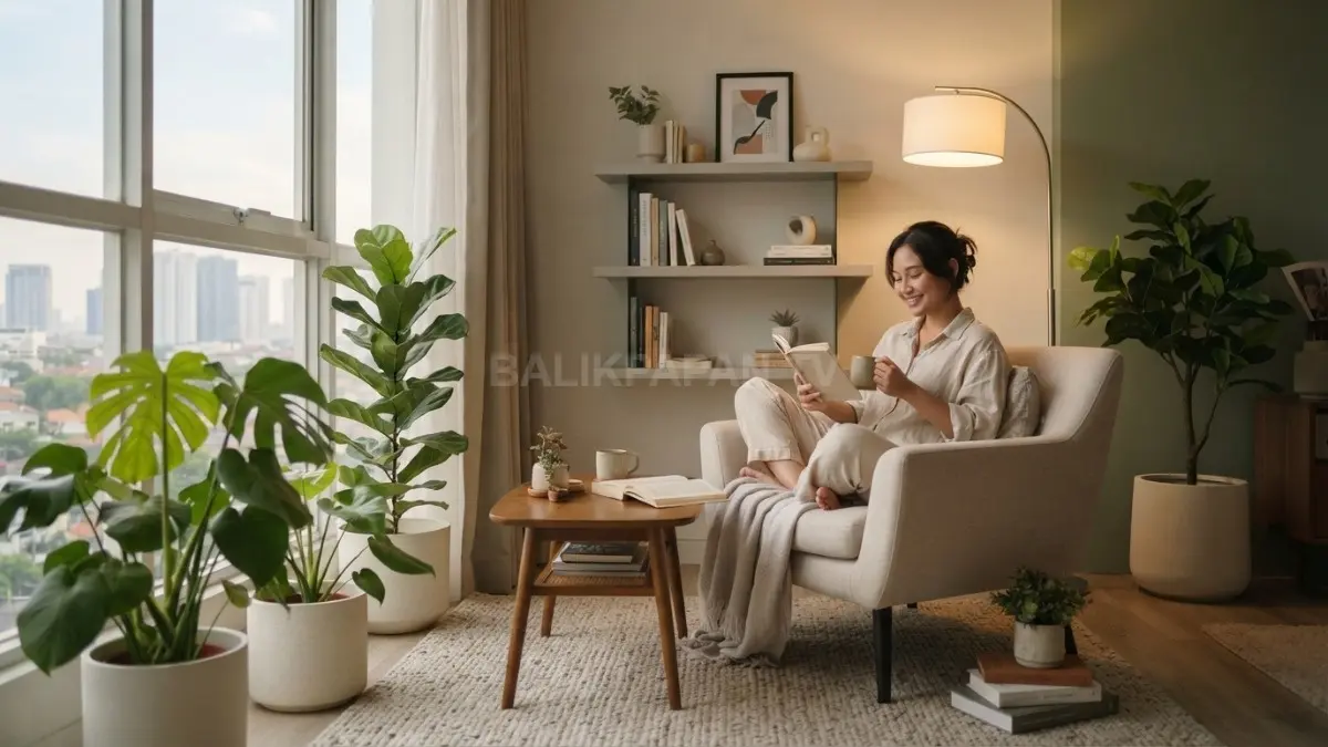 Sudut rumah estetik dapat diwujudkan melalui furnitur fungsional, pencahayaan hangat, serta dekorasi beranggaran fleksibel tersedia. (BTV/AI)