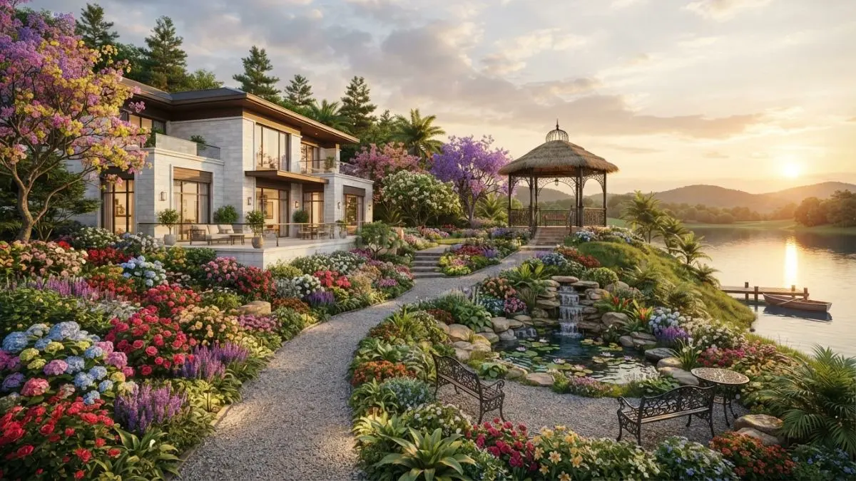 Taman botani pribadi dengan gazebo menghadap danau menghadirkan suasana rumah klasik penuh pesona alami. (BTV/AI)