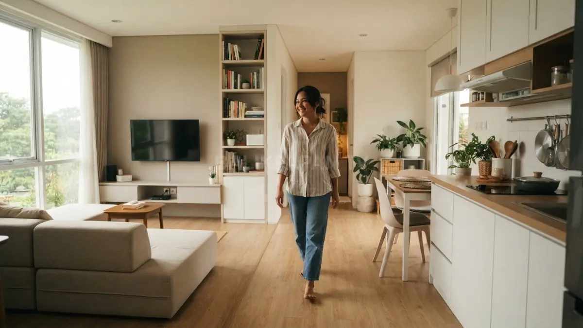 Tata letak furnitur yang rapi menciptakan jalur sirkulasi lega pada rumah mungil modern nyaman fungsional sehari-hari (BTV/AI)