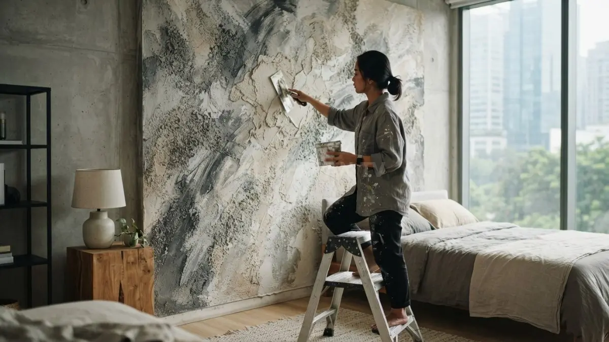 Tekstur semen berpadu sapuan abstrak menciptakan dinding artistik bernuansa modern, hangat, dan berkarakter kuat alami. (BTV/AI)
