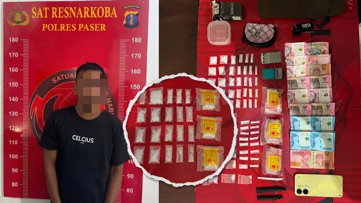 Terduga pelaku narkotika diamankan Satresnarkoba Polres Paser bersama puluhan paket diduga sabu sebagai barang bukti (DOK. NAJIB/KP)