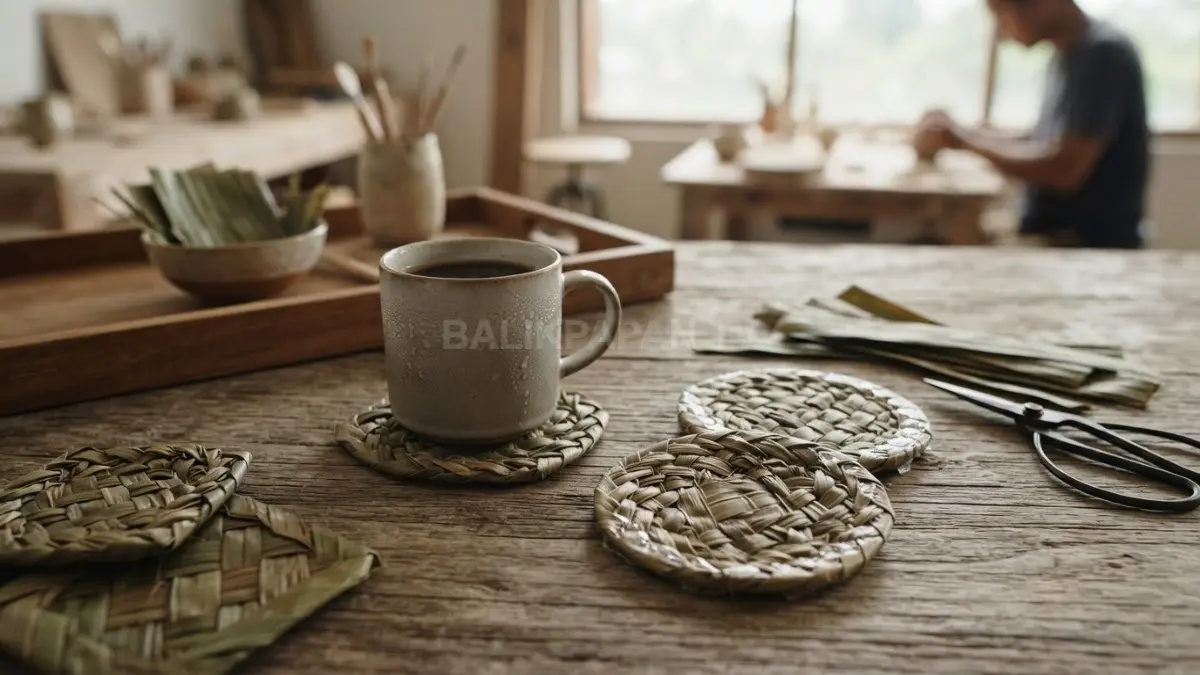 Anyaman daun pisang menjadi tatakan gelas alami yang estetik untuk mempercantik meja makan rumah. (BTV/AI)