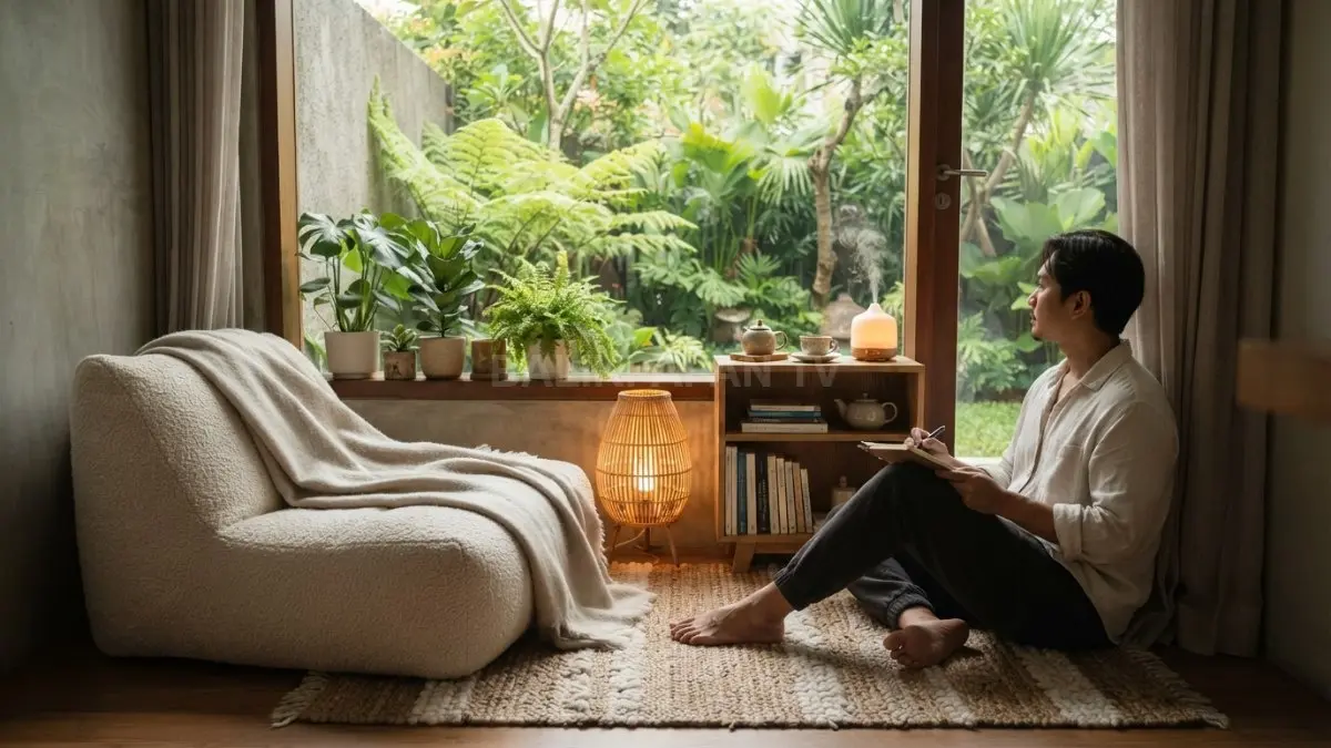 Area meditasi pribadi menghadirkan suasana tenang dengan tanaman, cahaya hangat, dan dekorasi nyaman. (BTV/AI)