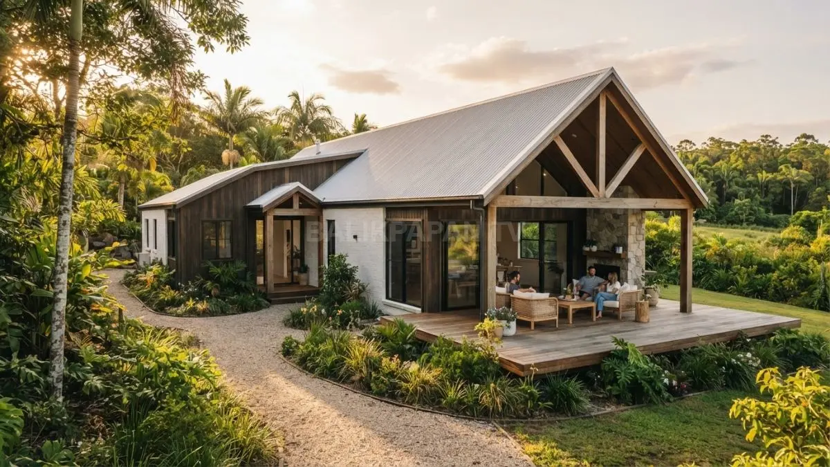 Arsitektur farmhouse modern menghadirkan hunian hangat dengan material alami dan suasana menyatu bersama alam. (BTV/AI)
