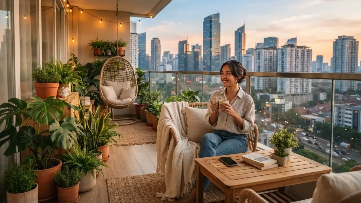 Balkon bergaya Scandinavian yang hangat menghadirkan kenyamanan maksimal dengan sentuhan kayu alami modern elegan (BTV/AI)