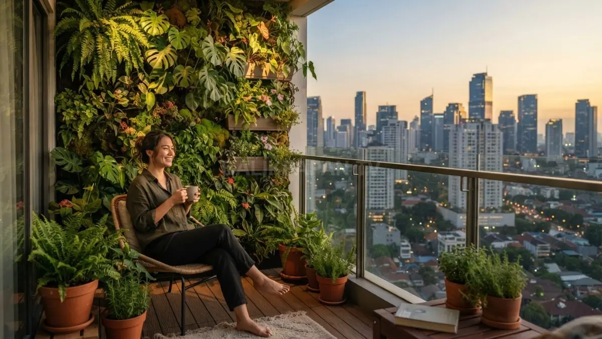 Balkon dengan Vertical Garden yang menyegarkan menghadirkan suasana hijau sejuk untuk relaksasi setiap hari (BTV/AI)