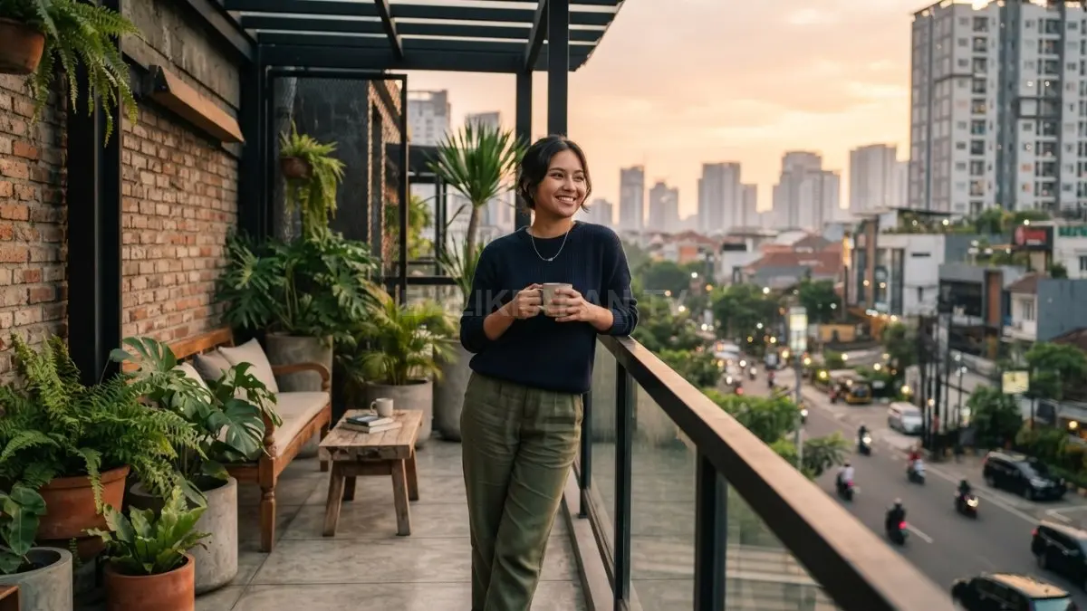 Balkon industrial memadukan kayu dan besi menciptakan suasana hangat modern untuk bersantai setiap hari (BTV/AI)