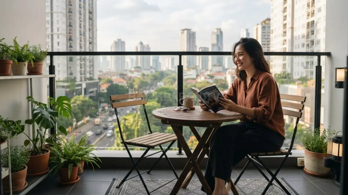 Balkon minimalis modern dengan furnitur lipat mengoptimalkan ruang nyaman untuk bersantai setiap saat estetik (BTV/AI)