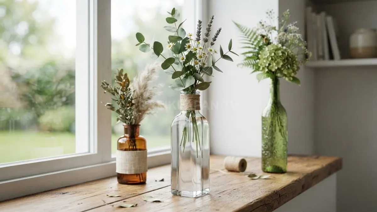 Botol kaca bekas diubah menjadi vas minimalis dengan bunga segar, menghadirkan dekorasi rumah unik dan estetik. (BTV/AI)