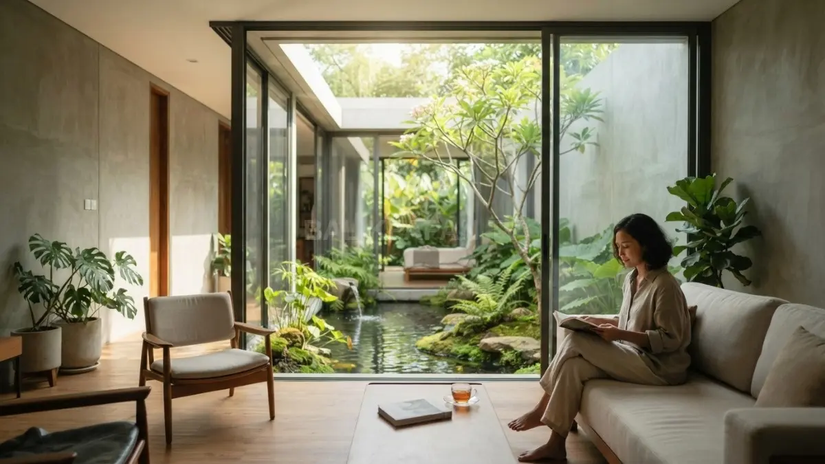 Courtyard house menghadirkan taman privat sebagai pusat hunian tenang dengan pencahayaan alami dan privasi maksimal. (BTV/AI)