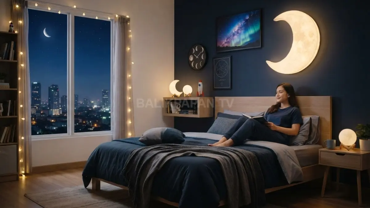 Dekorasi bulan dan konstelasi menghadirkan suasana malam menenangkan sekaligus mempercantik tampilan kamar secara elegan alami. (BTV/AI)