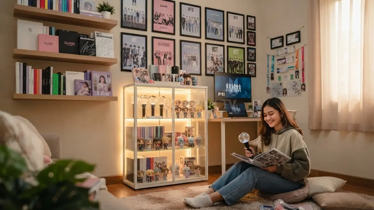 Dekorasi kamar fans idol memadukan koleksi berharga, pencahayaan hangat, dan ruang santai yang nyaman bersama. (BTV/AI)
