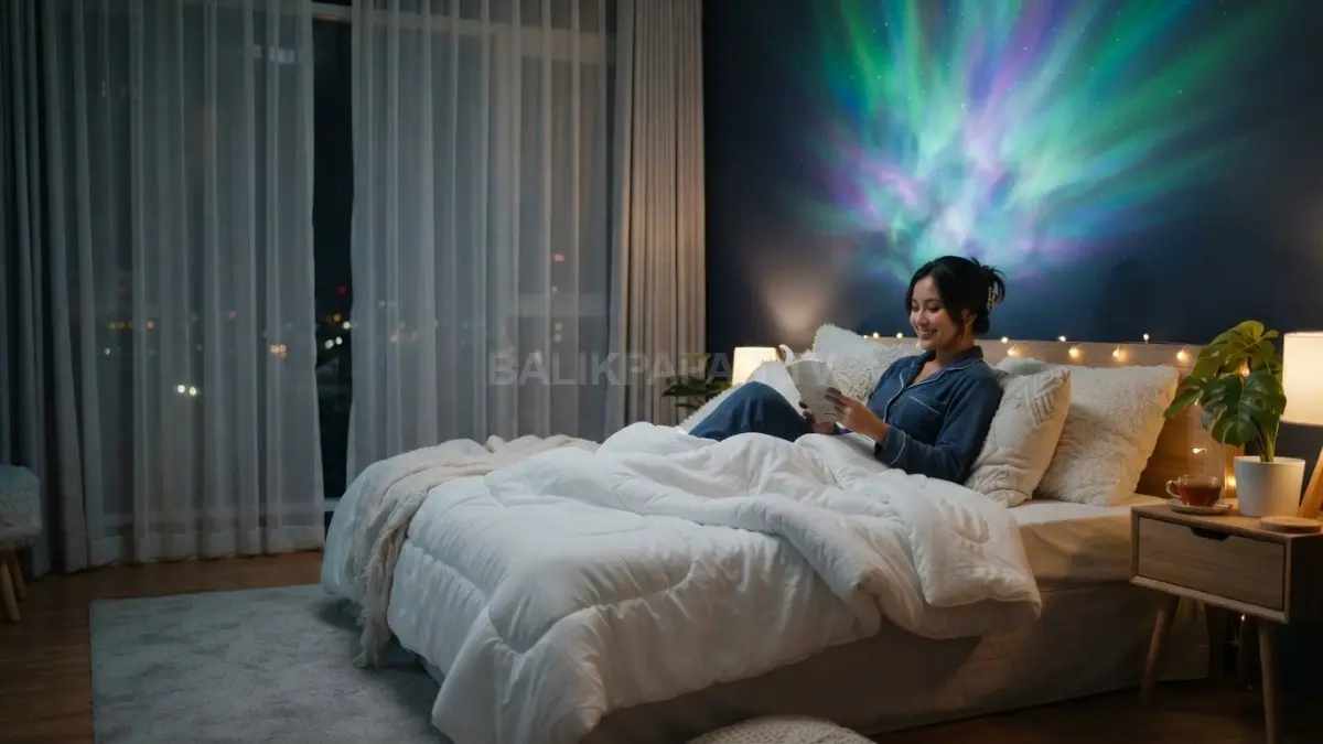 Dekorasi Northern Lights menghadirkan nuansa aurora menenangkan melalui gradasi cahaya lembut untuk kamar beristirahat nyaman sempurna. (BTV/AI)
