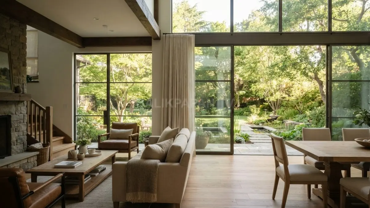 Desain farmhouse modern dengan kaca besar menyatukan kenyamanan rumah dan panorama alam sekitar. (BTV/AI)