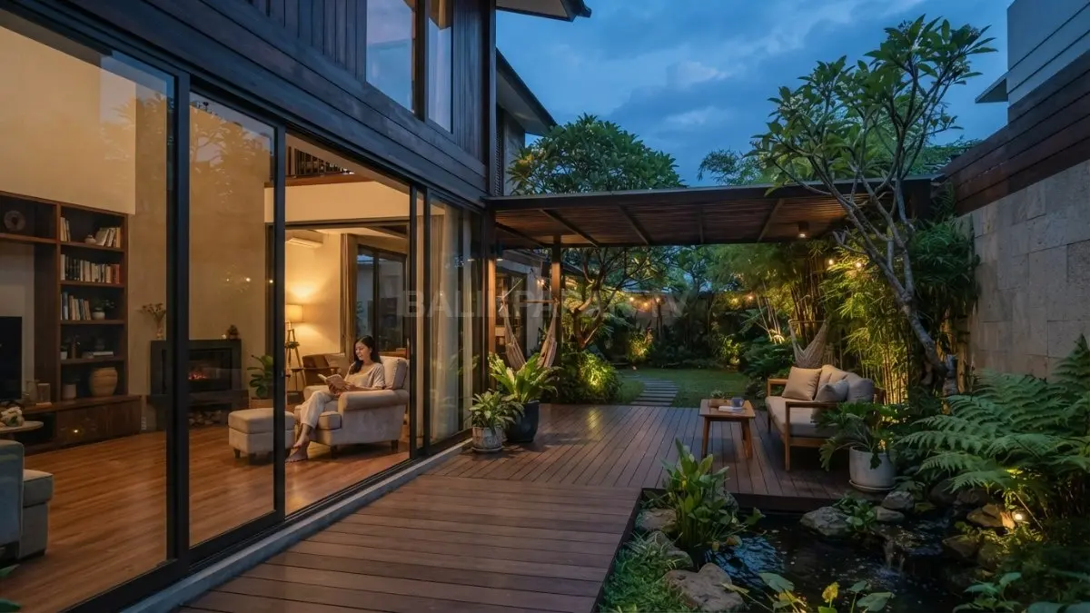 Desain halaman belakang terbuka menghadirkan ketenangan melalui taman hijau dan ruang santai privat. (BTV/AI)