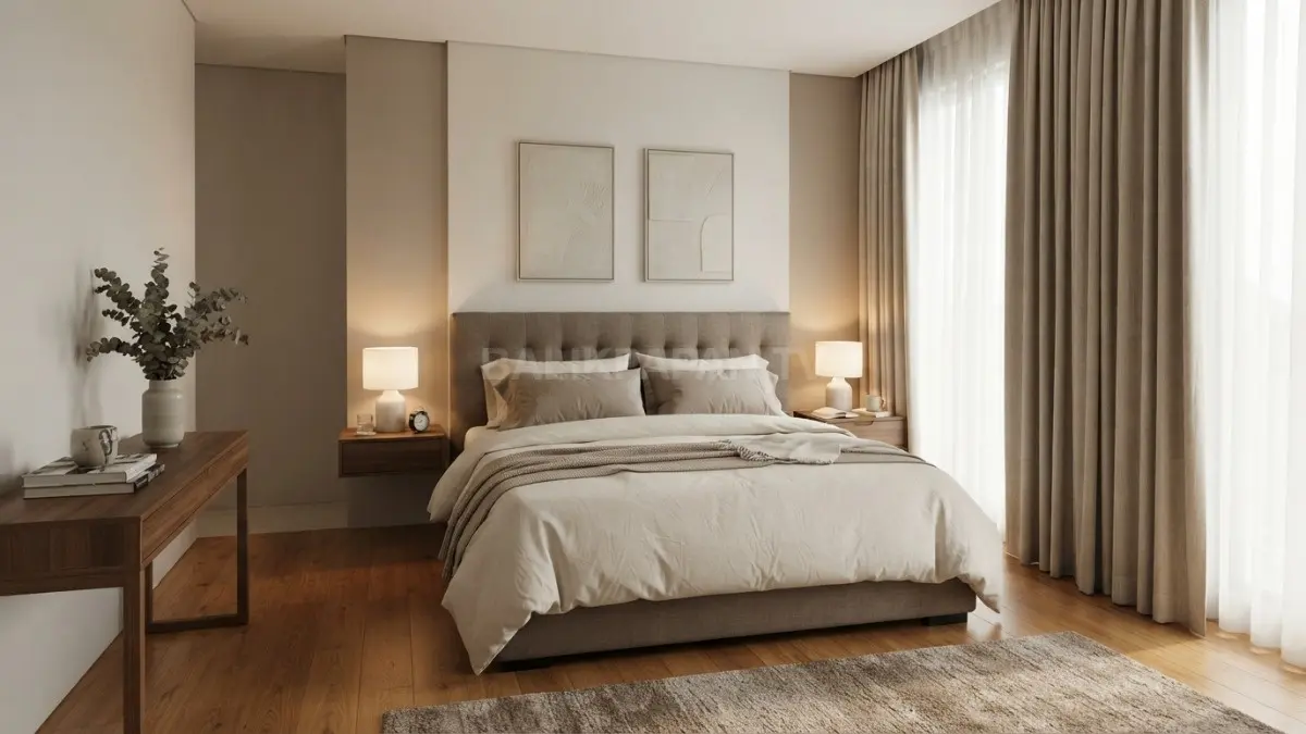 Desain kamar introvert house memadukan furnitur fungsional, pencahayaan lembut, serta material alami elegan. (BTV/AI)