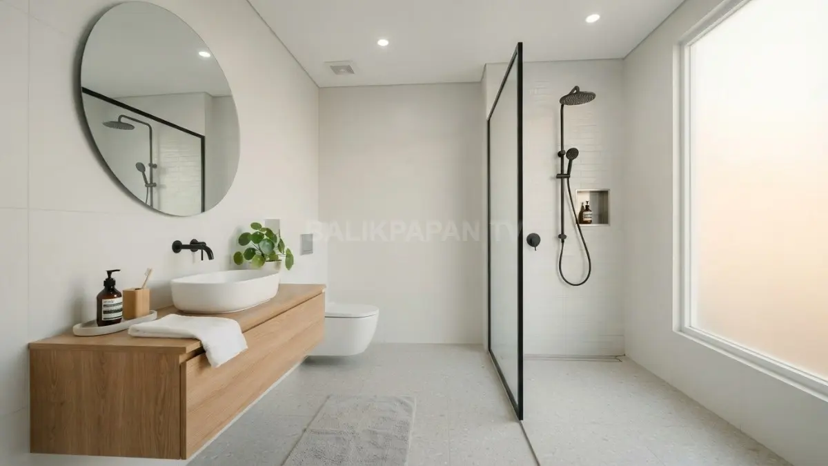 Desain minimalis menghadirkan kamar mandi bersih, luas, nyaman, mudah dirawat setiap hari untuk semua (BTV/AI)